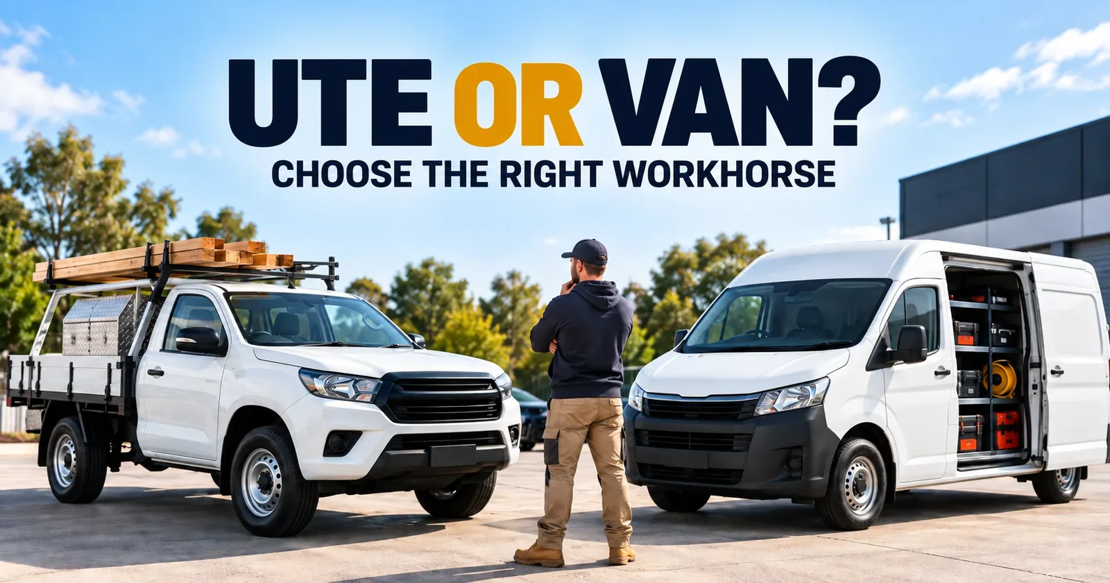 Used dual cab ute and cargo van parked at an Australian dealership ready for trade work