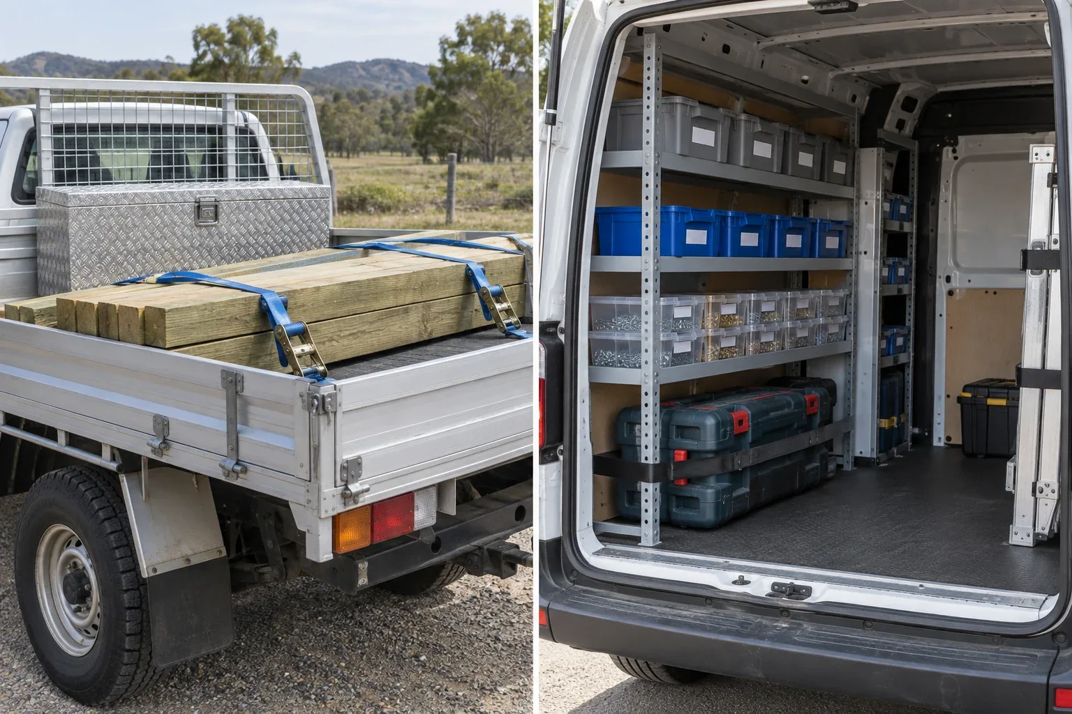 Open ute tray loaded with strapped timber beside a van load space fitted with parts shelving