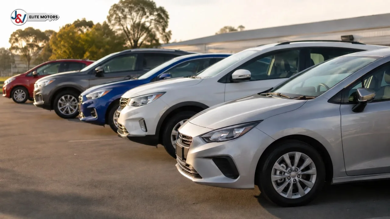 Row of used Hyundai hatchbacks and SUVs parked on a Melbourne dealership forecourt