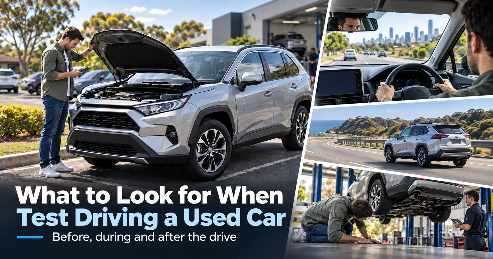 Eight checks to complete after a used car test drive, including idling, leaks, smells, exhaust, hot restart, oil, accessories and note taking