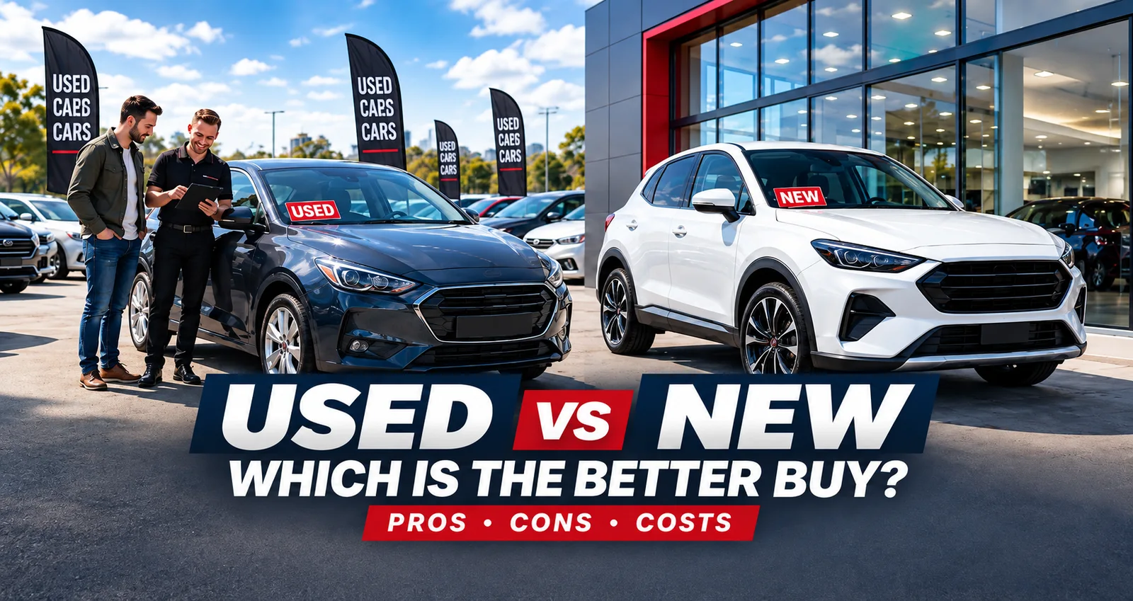 Two-column comparison of what buying a new car and a used car provides