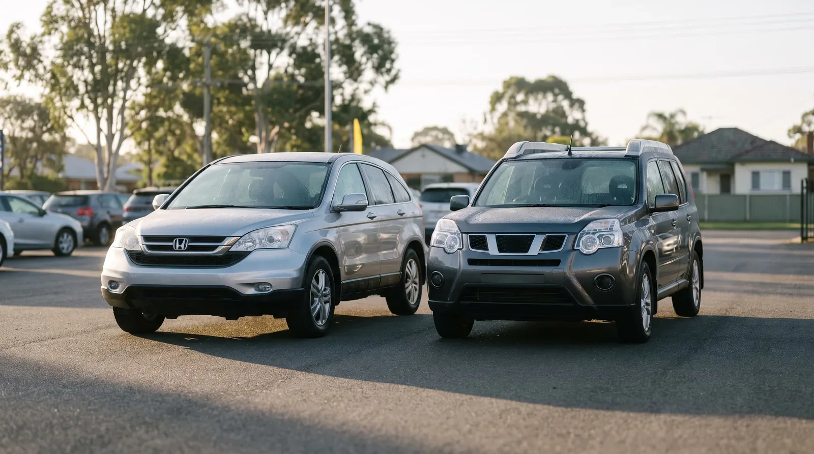 Used Honda CR-V and Nissan X-Trail family SUVs parked side by side