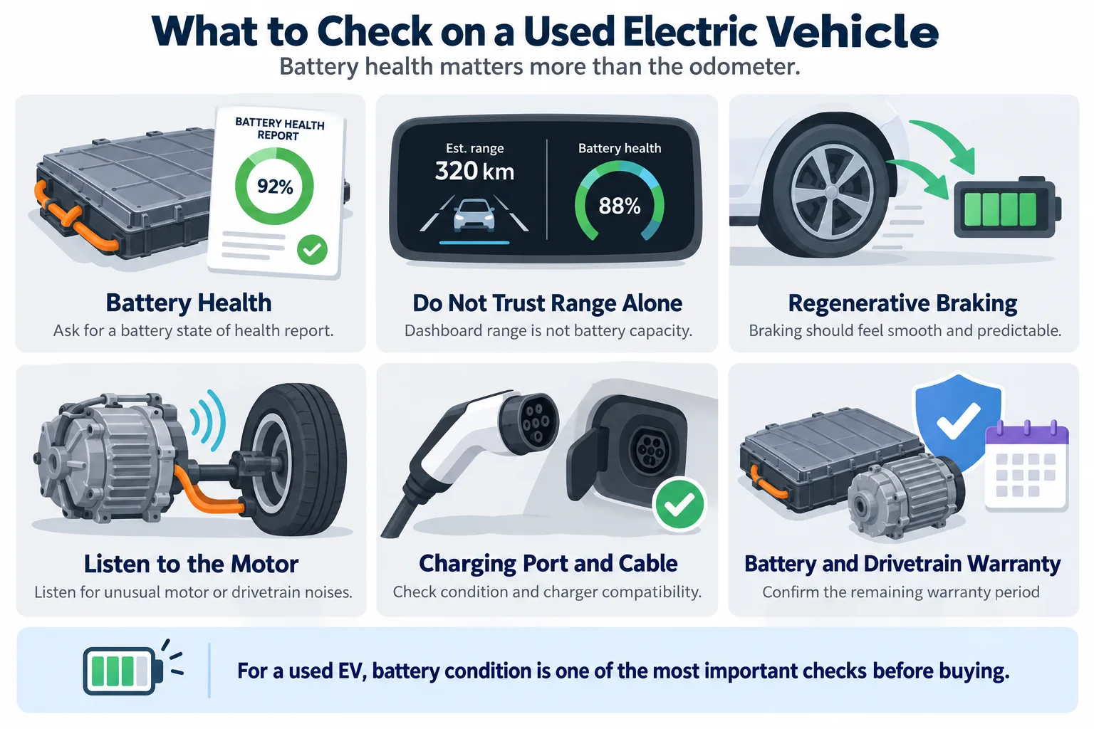 Six illustrated checks for buying a used electric vehicle, covering battery health, dashboard range, regenerative braking, motor noise, charging port condition and warranty