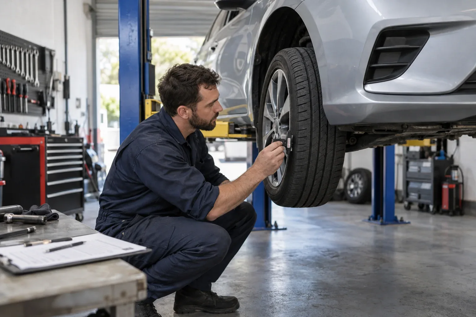 Mechanic measuring tyre tread during a roadworthy inspection in a workshop