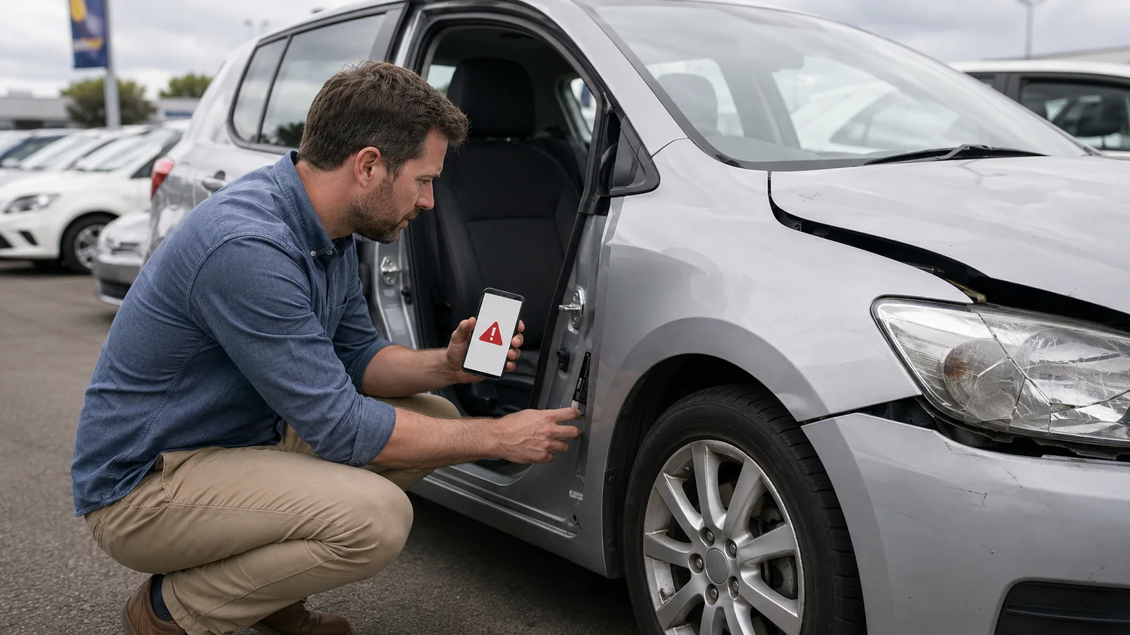 Buyer running a written-off car check on a phone while inspecting the VIN plate of a used car