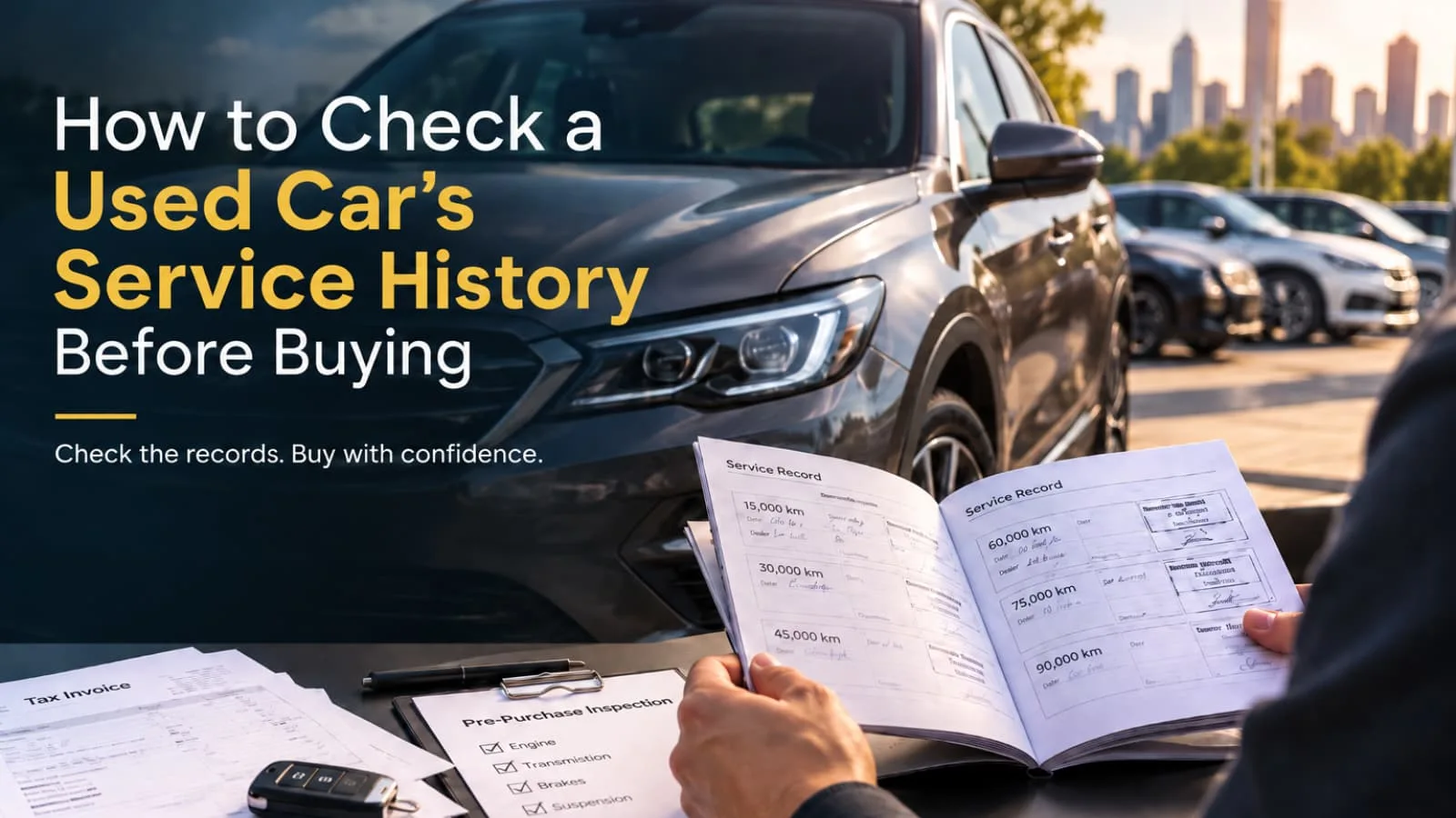 Buyer checking a used car service logbook, invoices and pre purchase inspection records beside a vehicle at a dealership.