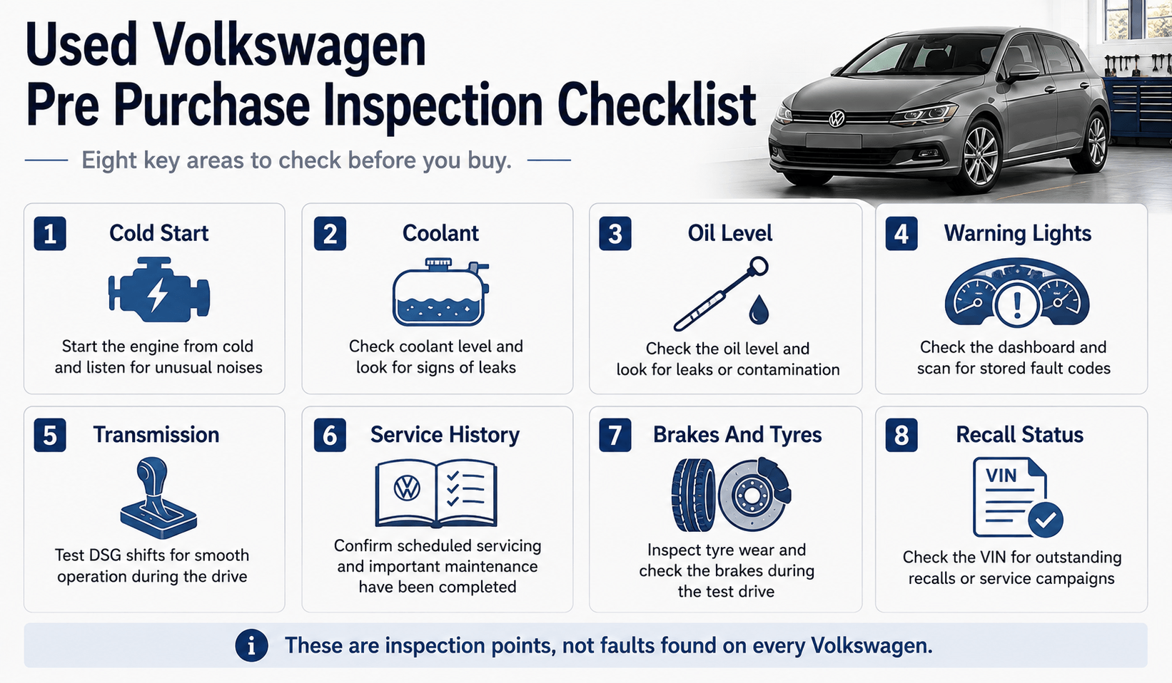 Checklist card showing eight inspection areas including cold start, coolant, oil level and recalls
