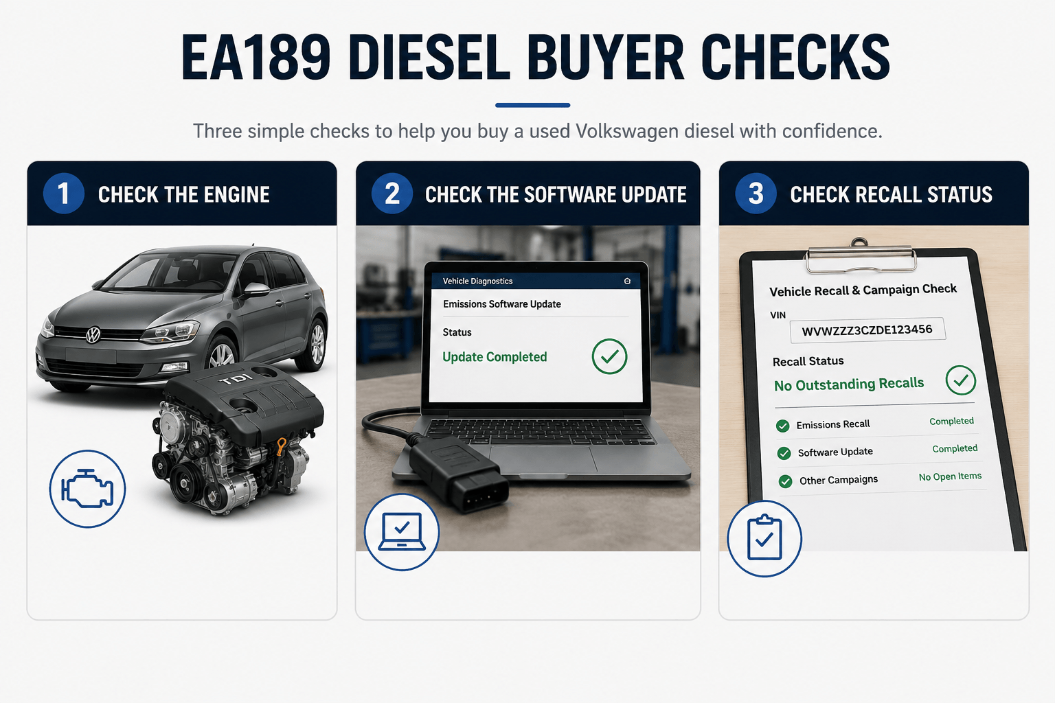 Three-step check for used Volkswagen diesels covering affected engines, the software update and recall status