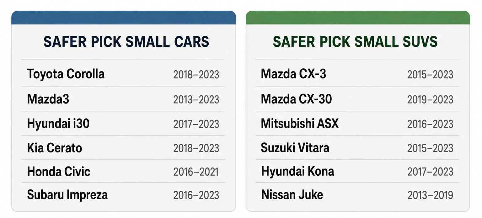 Two columns listing Safer Pick small cars and small SUVs with year ranges, and a warning that light cars earned none